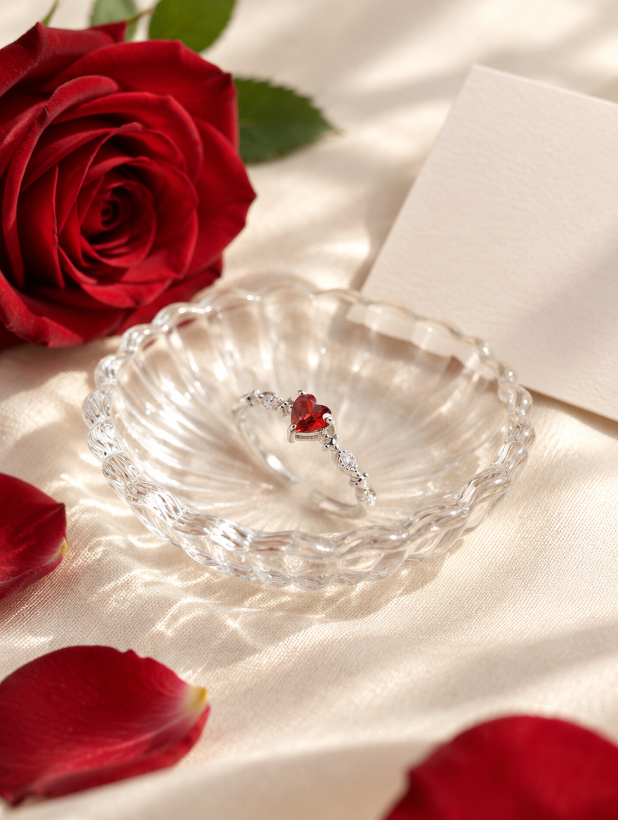 Silver red heart crystal ring in a small dish with styling props