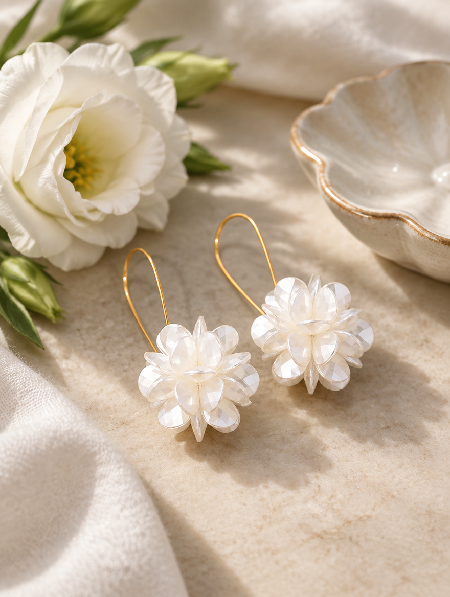 Pearl-look petal ball hook earrings in a styled still life with props