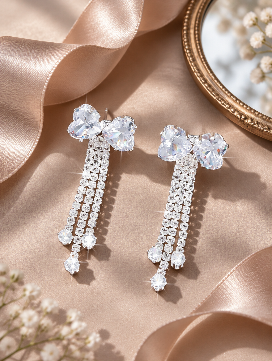 Silver crystal bow tassel drop earrings in a styled still life with props