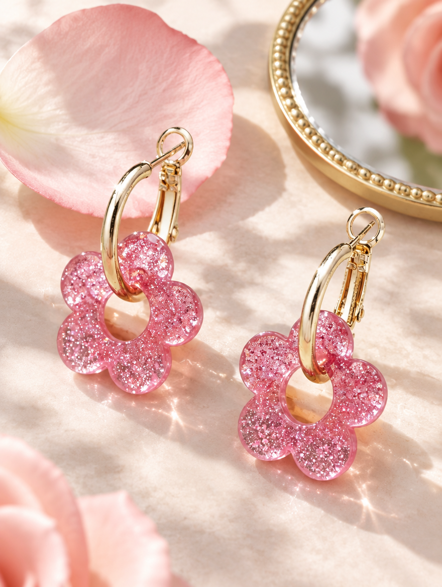 Gold-tone flower huggie hoop earrings in a styled still life with props