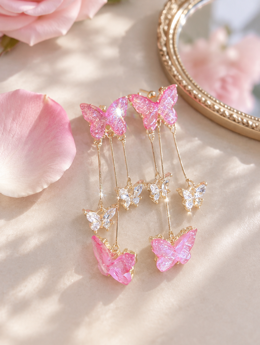 Pink butterfly tassel drop earrings in a styled still life with props