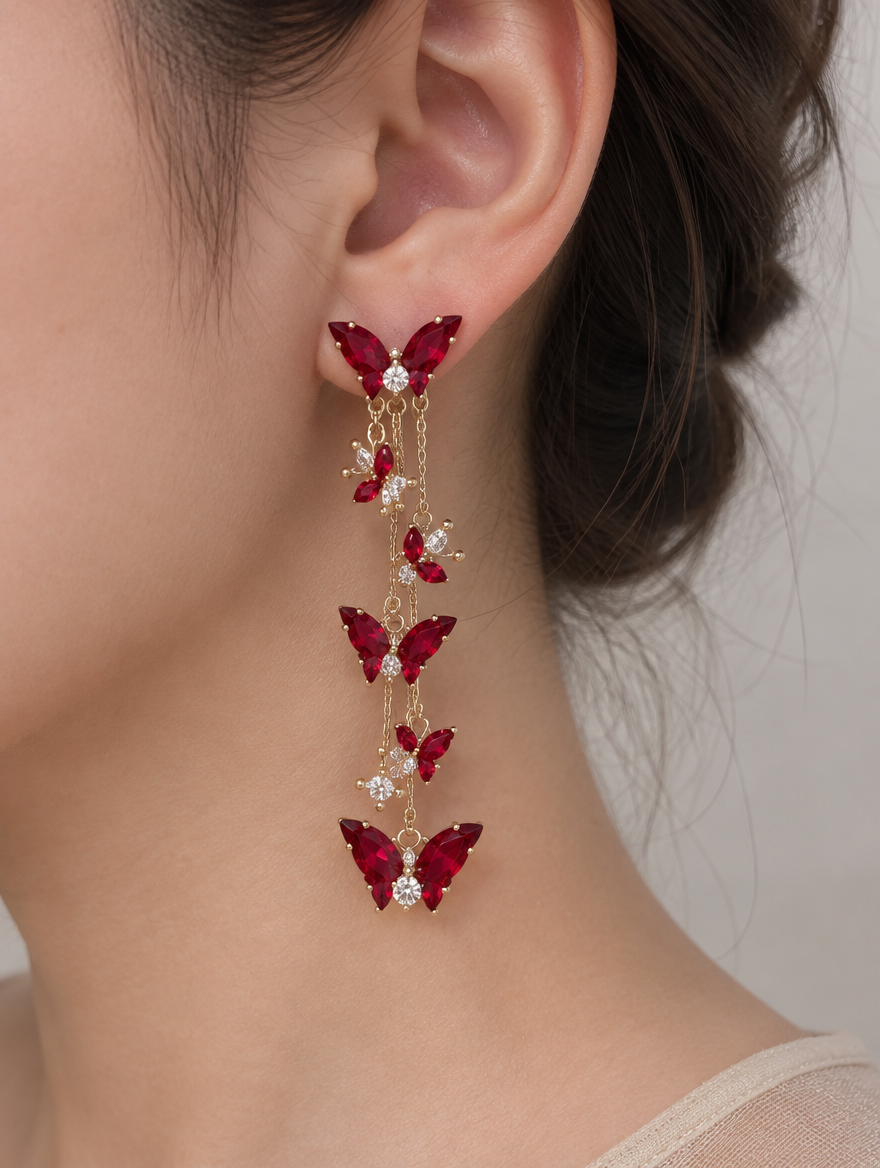 Woman wearing a red butterfly tassel drop earring
