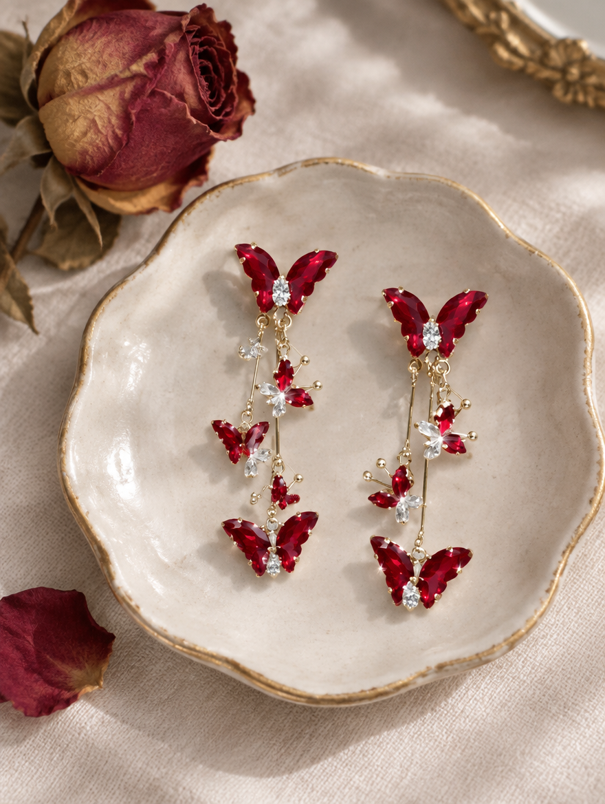 Red butterfly tassel drop earrings in a styled still life with props