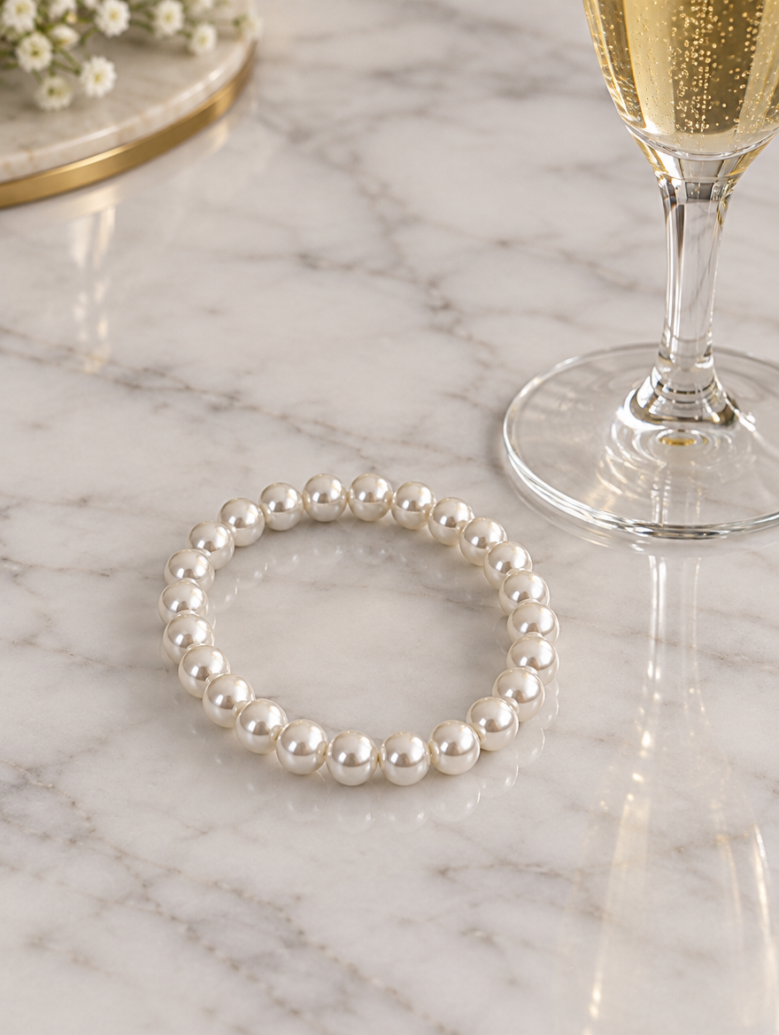 White faux pearl bracelet beside a champagne flute on marble