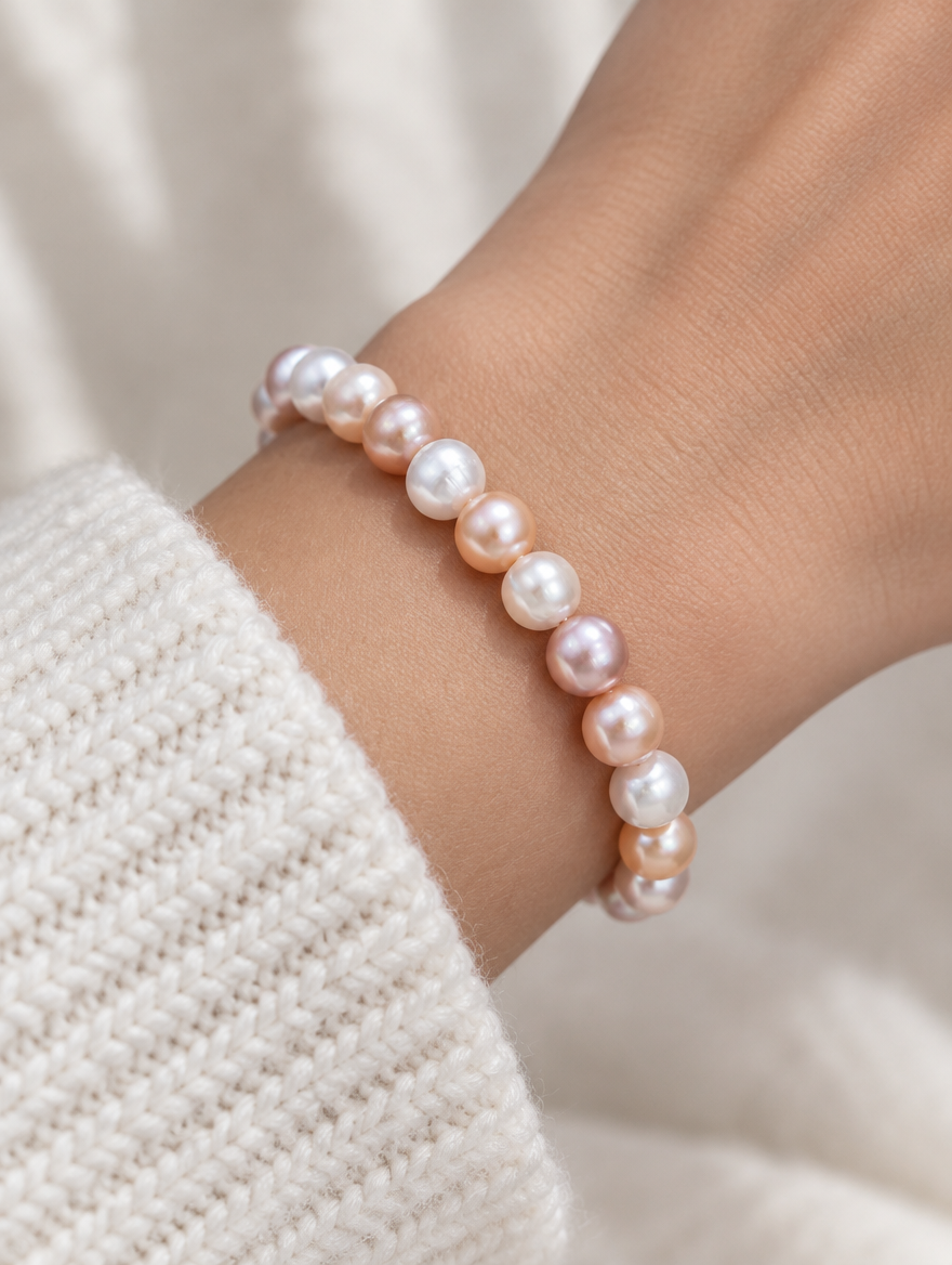 Woman wearing a mixed colour freshwater pearl bracelet