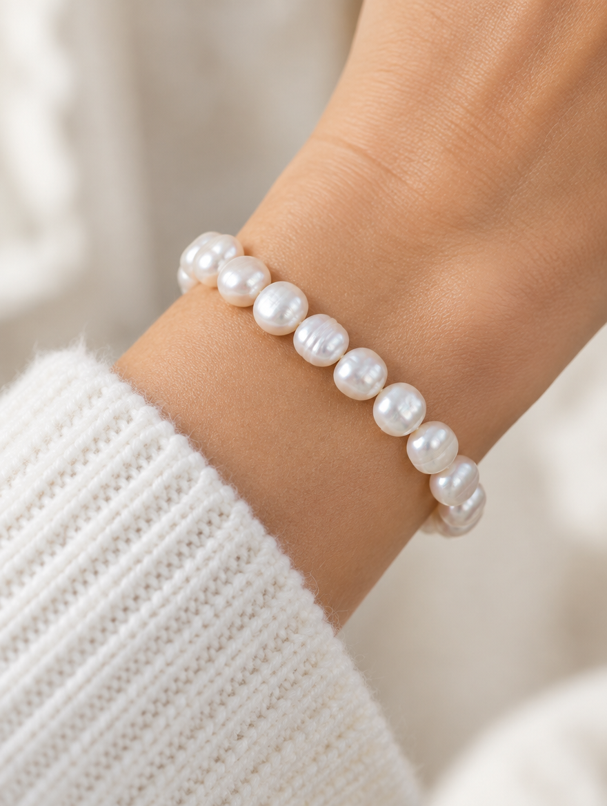 Woman wearing a white freshwater pearl bracelet