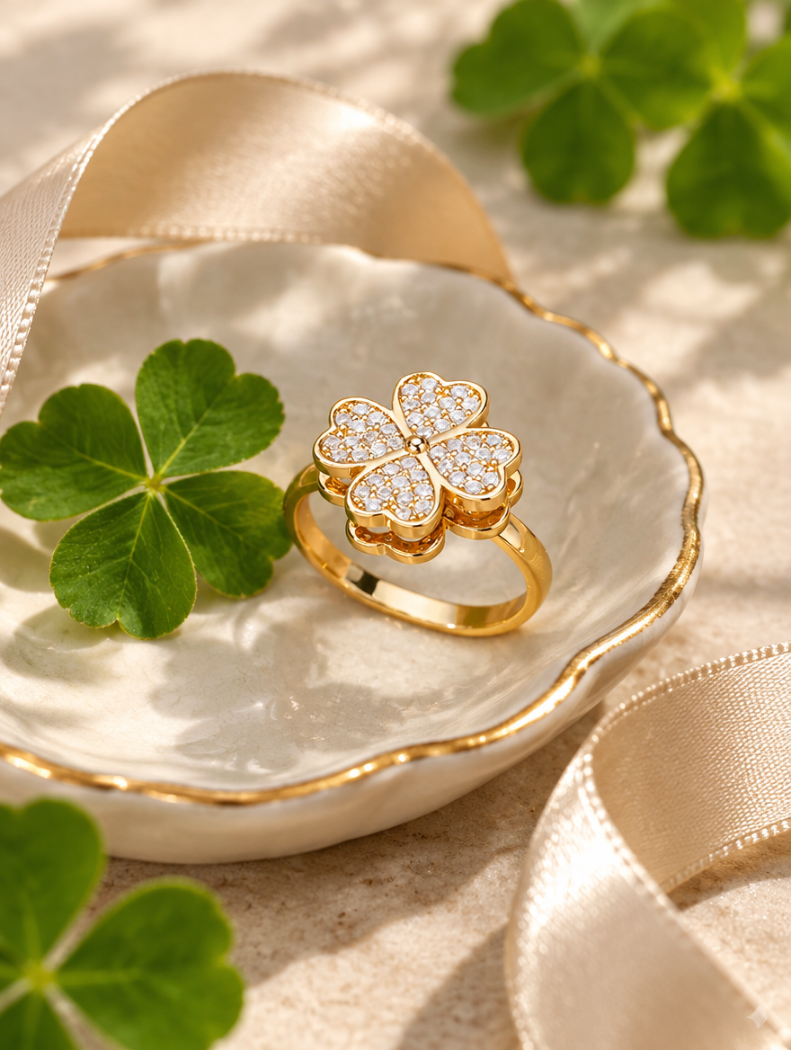 Gold four leaf clover zirconia ring in a small dish with styling props