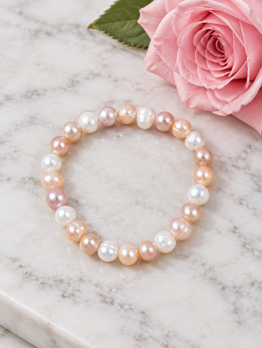 Mixed pearl bracelet beside a pink rose on marble