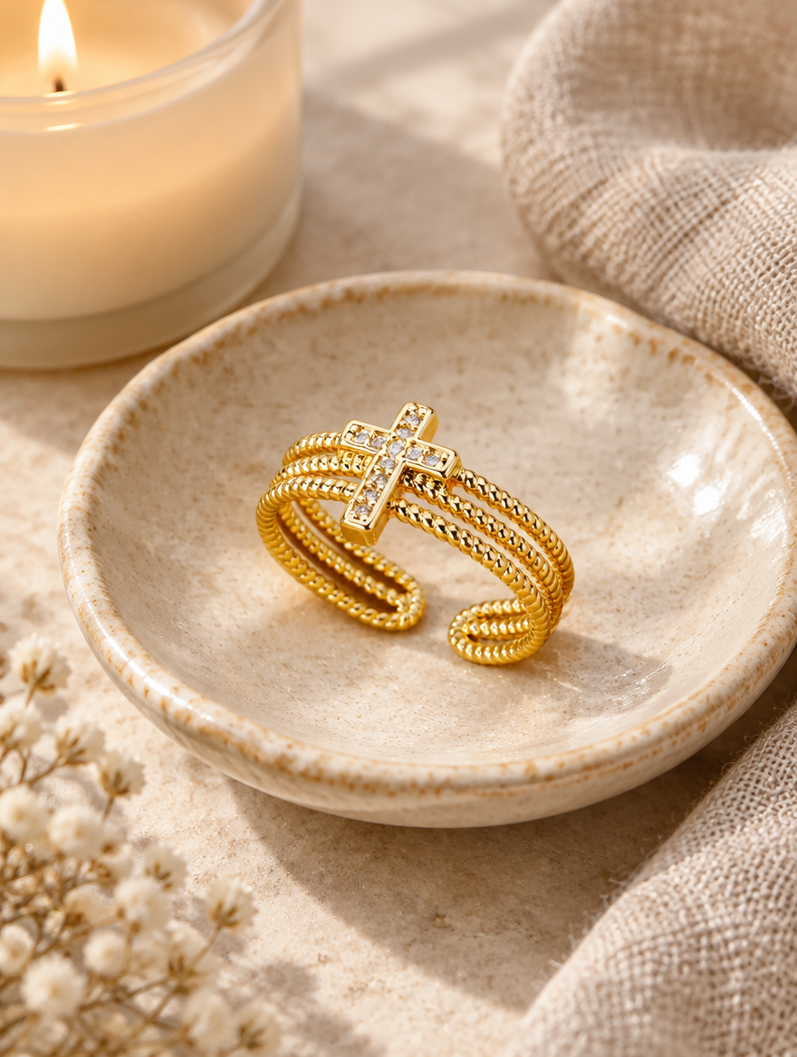 Gold ribbed triple band cross zirconia ring in a small dish with styling props