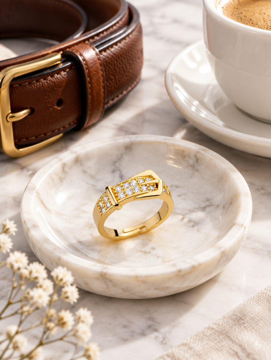 Gold belt buckle zirconia ring in a small dish with styling props
