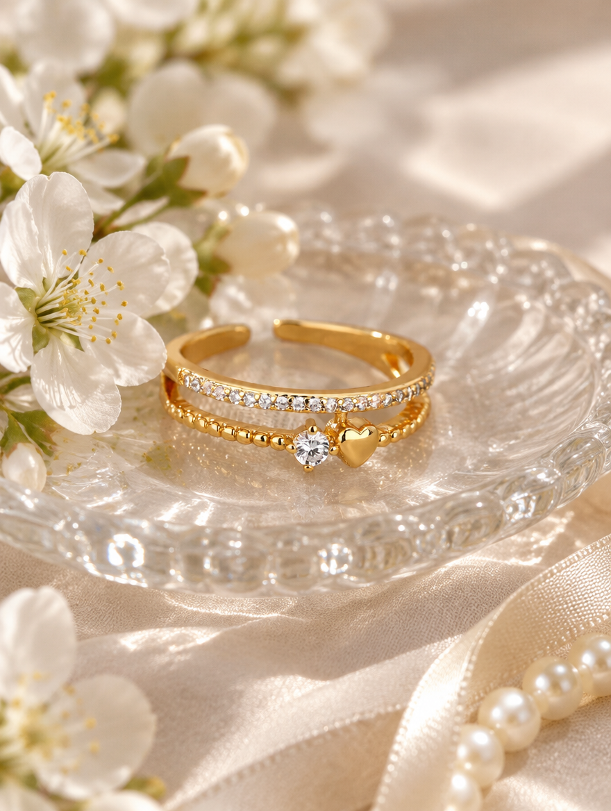Gold double band heart zirconia ring in a small dish with styling props