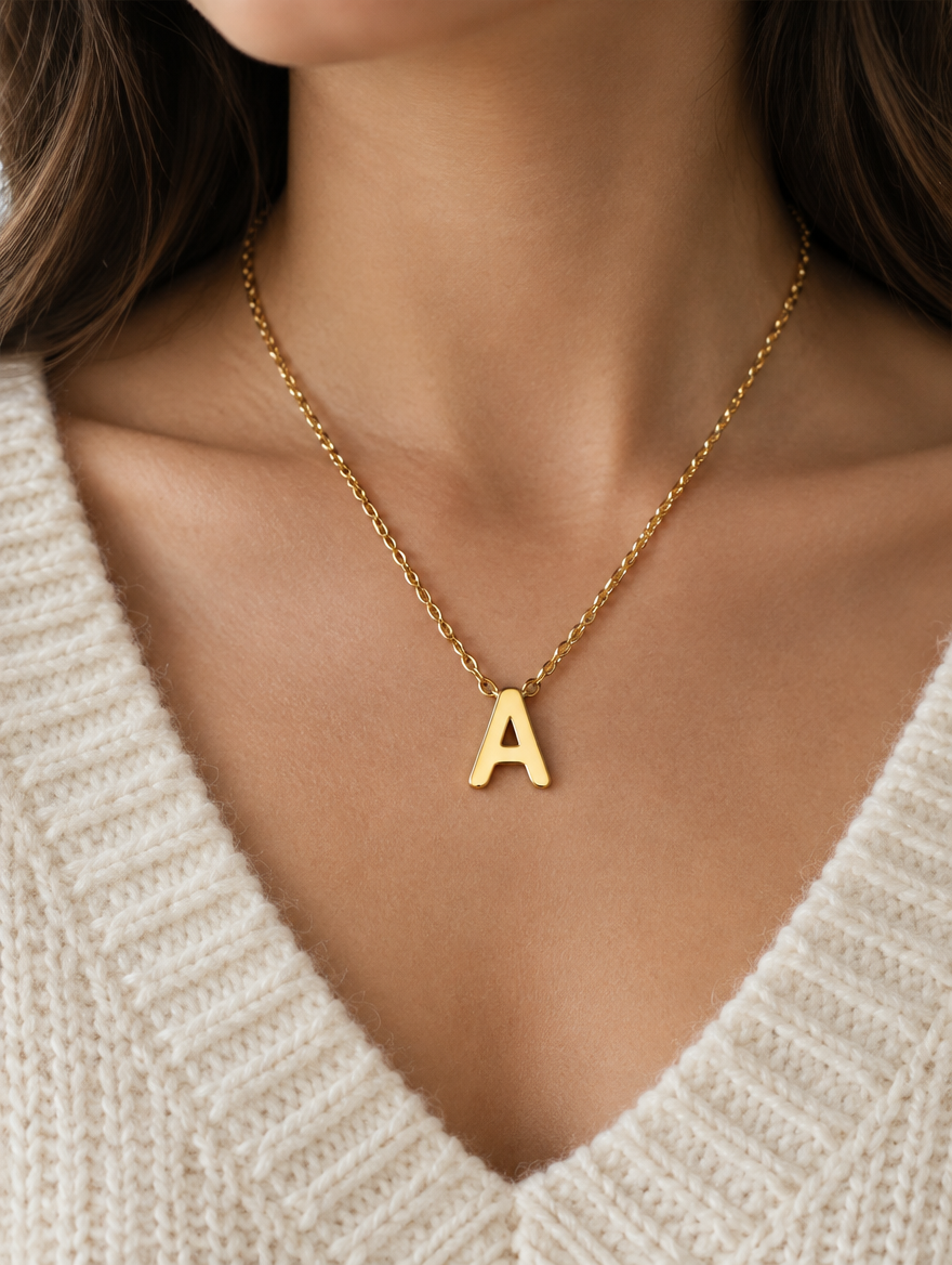 Woman wearing a dainty gold initial letter necklace with a cream knit sweater