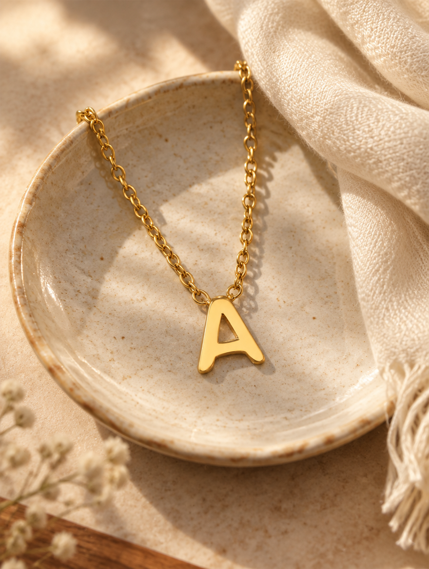 Gold initial letter necklace on a ceramic dish beside a folded cream scarf