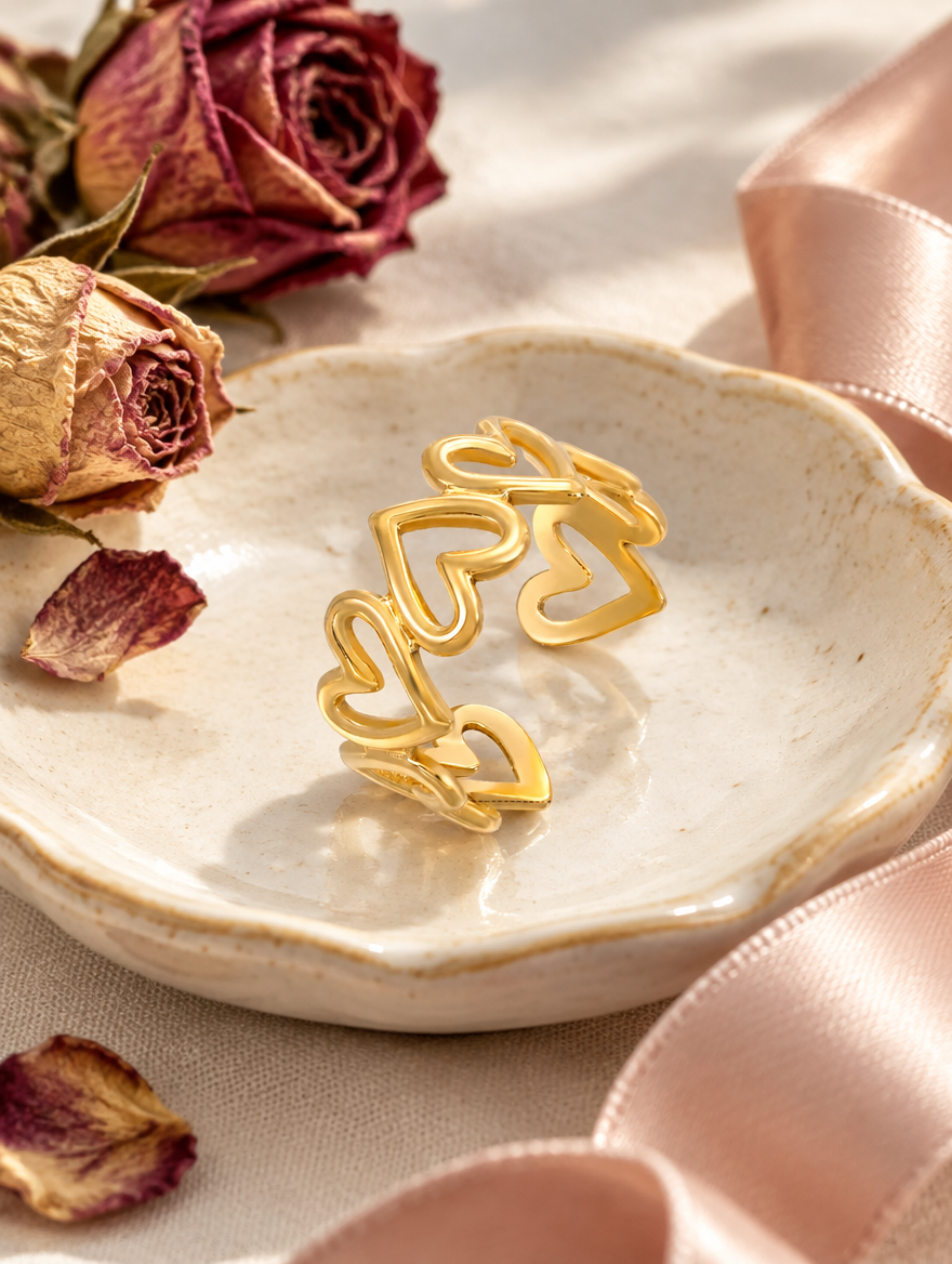 Gold hollow heart outline ring in a small dish with styling props