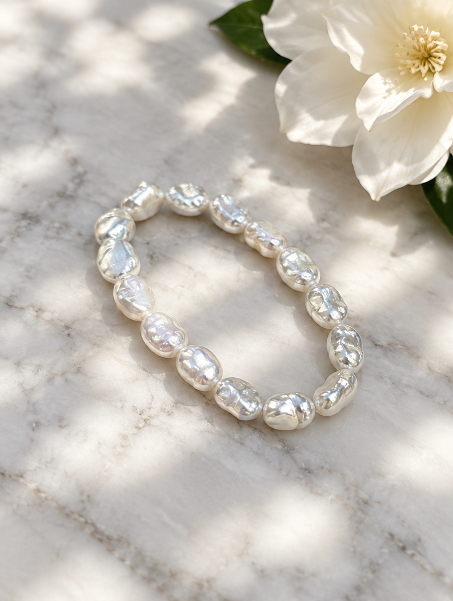 Baroque faux pearl bracelet beside a white flower on marble
