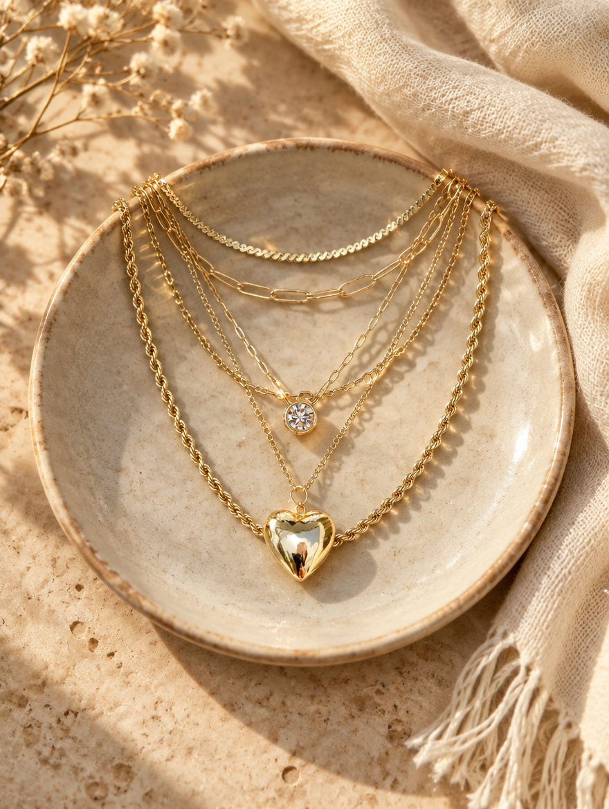 Gold layered heart pendant necklace stack on a ceramic dish beside a folded cream scarf