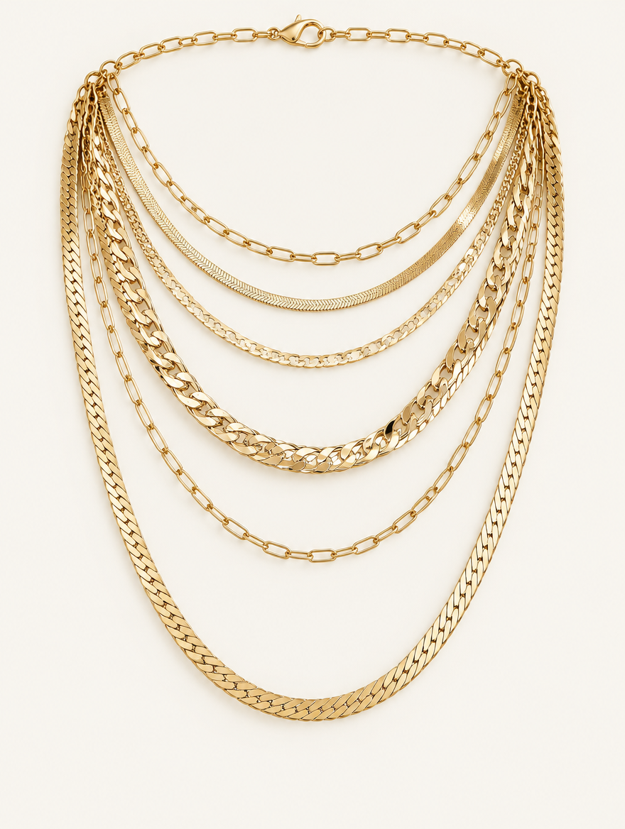 Gold layered necklace stack with flat herringbone chains alongside curb and link chains on a neutral background