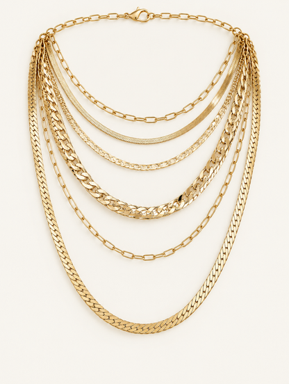 Gold layered necklace stack with flat herringbone chains alongside curb and link chains on a neutral background