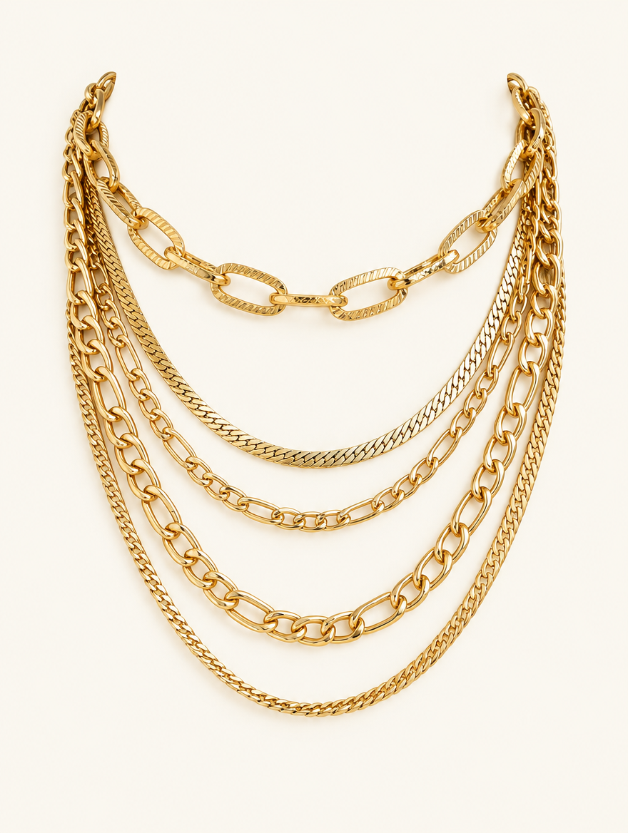 Gold layered necklace stack with a chunky paperclip chain over finer curb and link chains on a neutral background