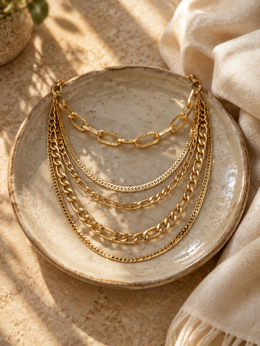 Gold layered chunky paperclip necklace stack on a ceramic dish beside a folded cream scarf