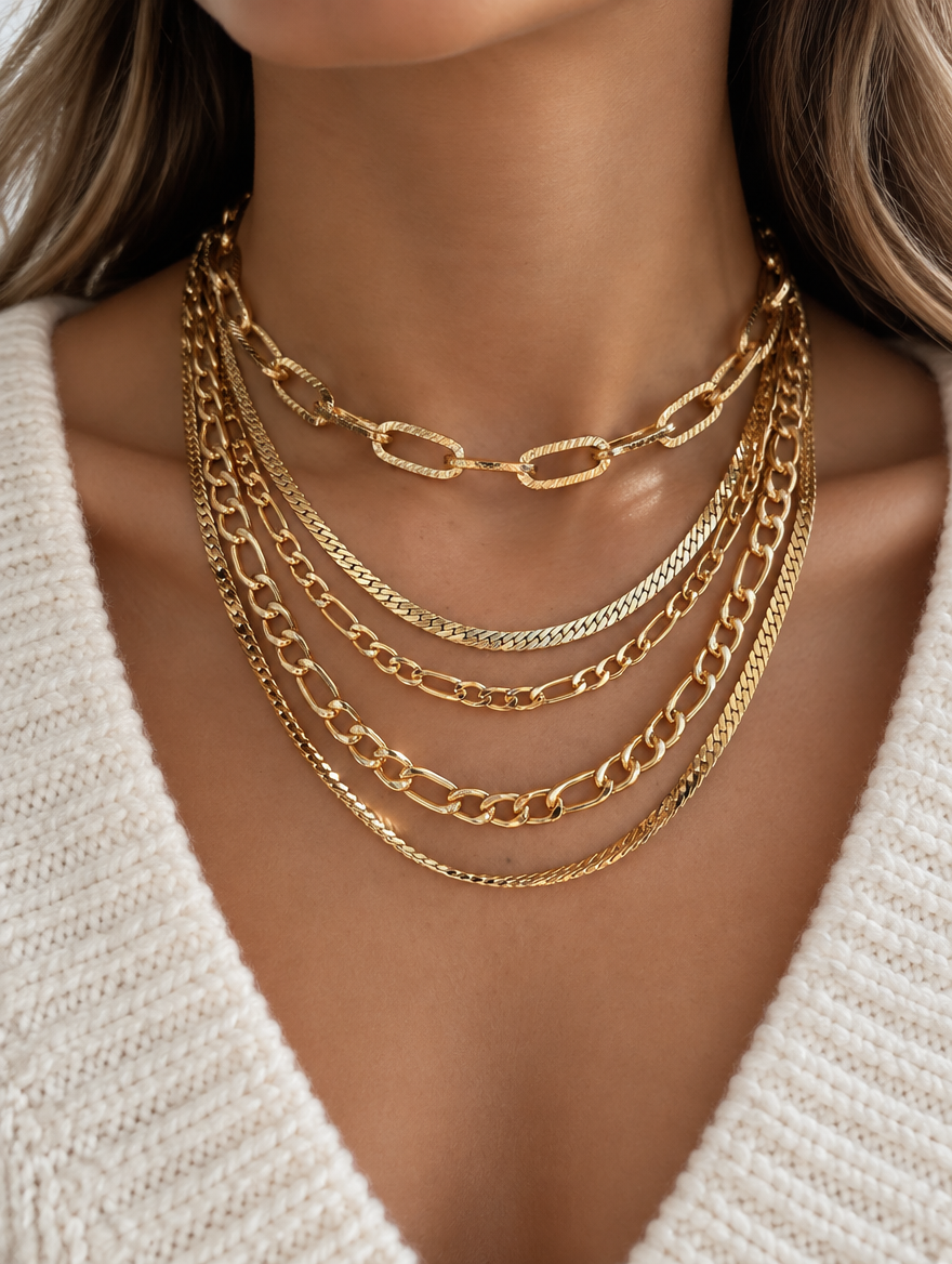 Woman wearing a gold layered chunky paperclip necklace stack with a cream knit sweater