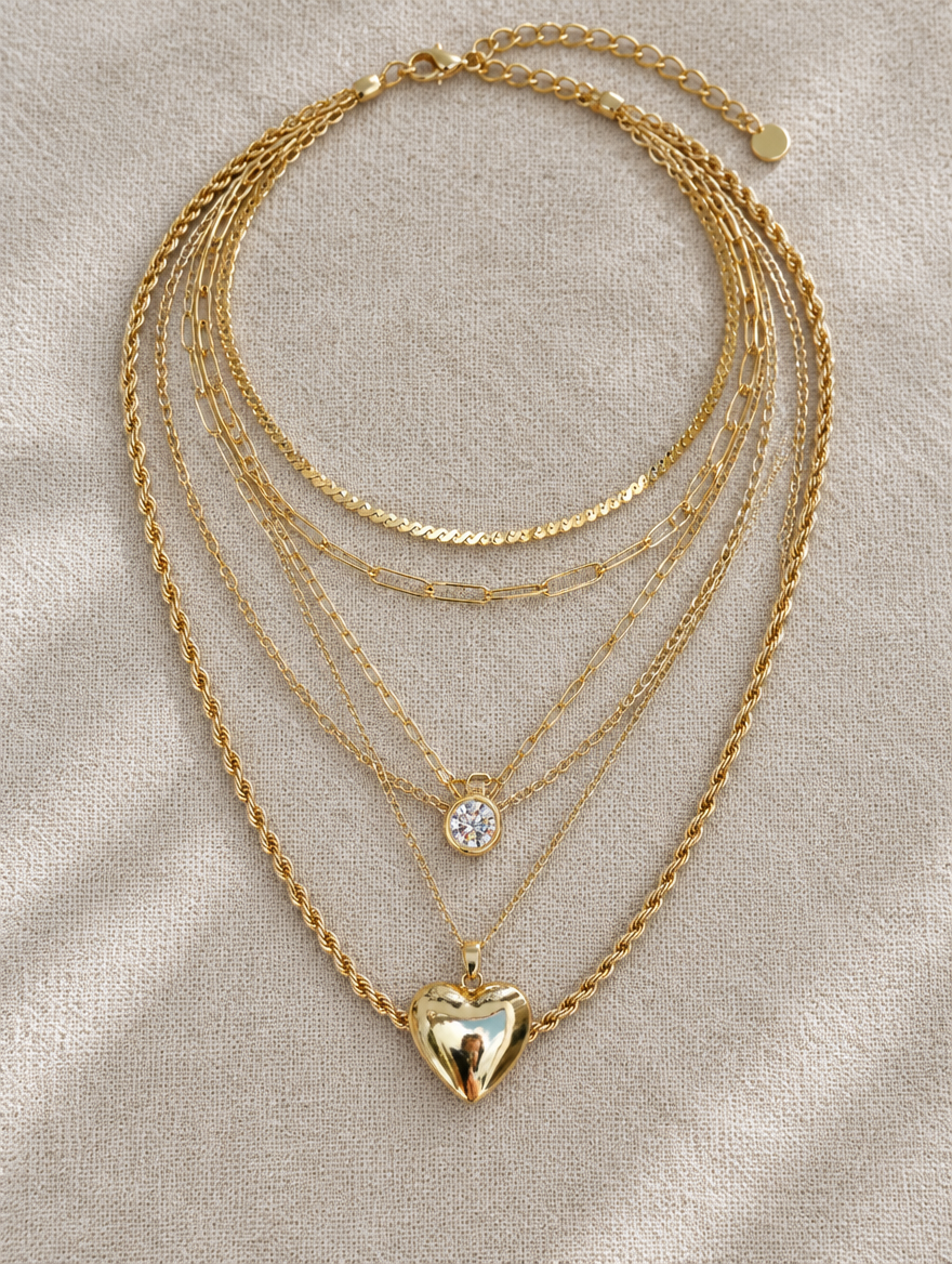Gold layered heart pendant necklace stack laid flat on linen