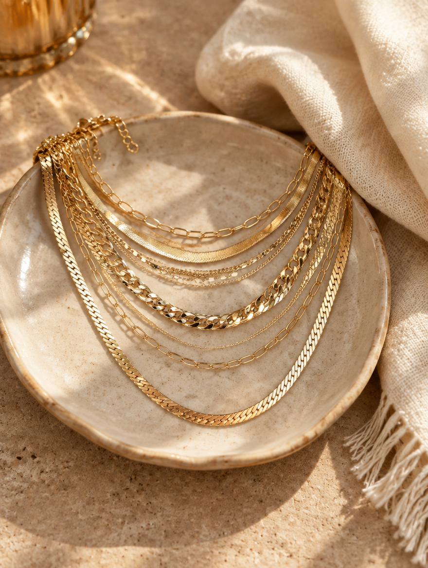 Gold layered herringbone necklace stack on a ceramic dish beside a folded cream scarf