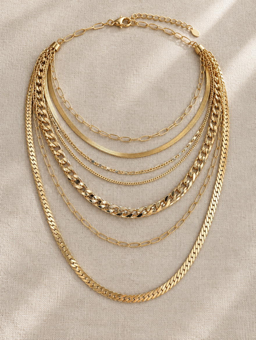 Gold layered herringbone necklace stack laid flat on linen