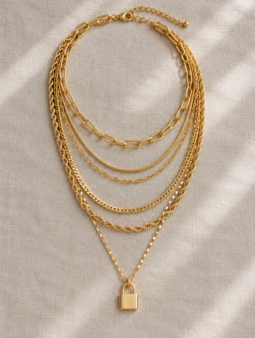 Gold layered padlock pendant necklace stack laid flat on linen