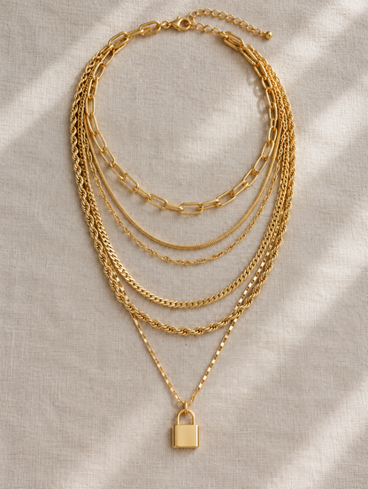 Gold layered padlock pendant necklace stack laid flat on linen