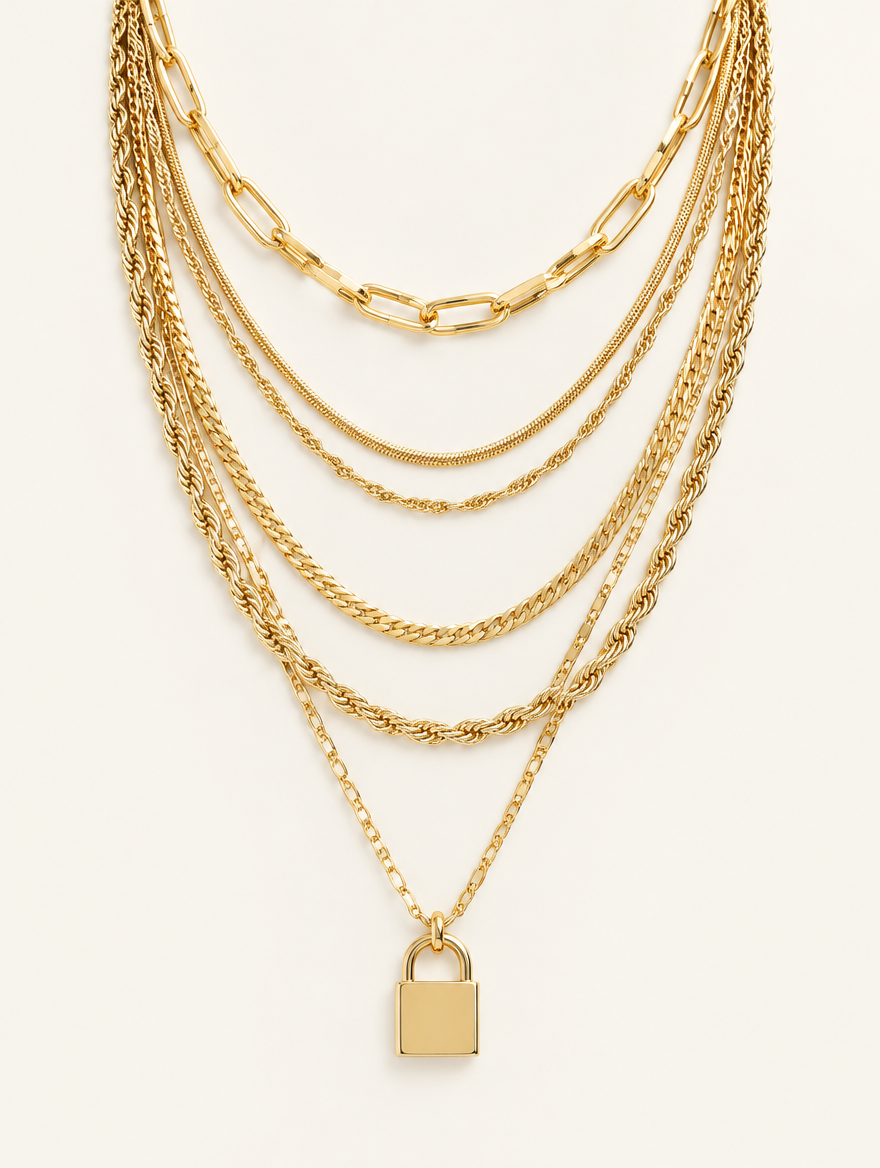 Gold layered necklace stack with a small gold padlock pendant on the lowest chain on a neutral background