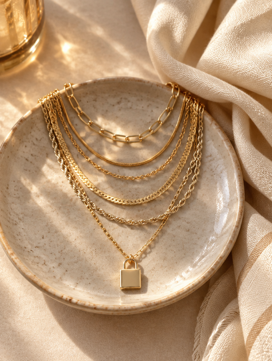Gold layered padlock pendant necklace stack on a ceramic dish beside a folded cream scarf