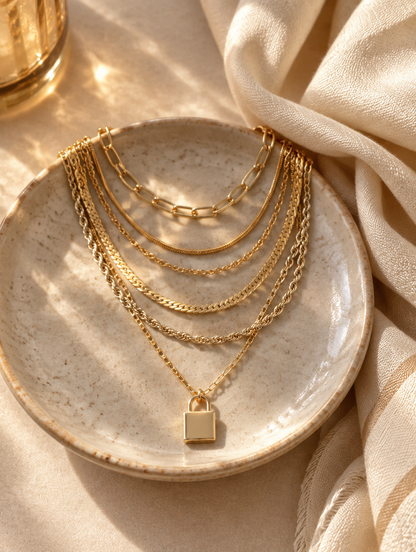 Gold layered padlock pendant necklace stack on a ceramic dish beside a folded cream scarf