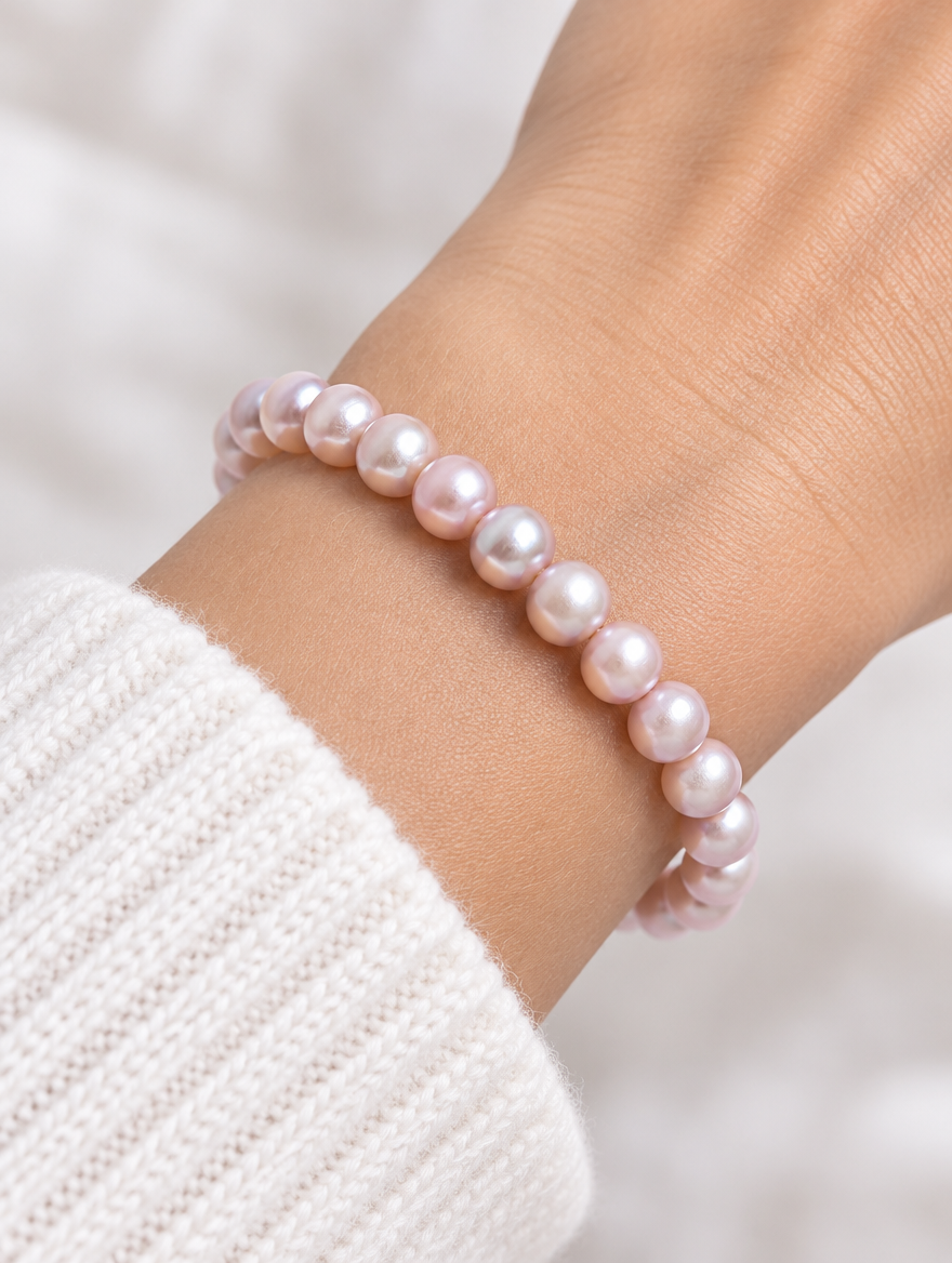Pink freshwater pearl stretch bracelet worn on a wrist