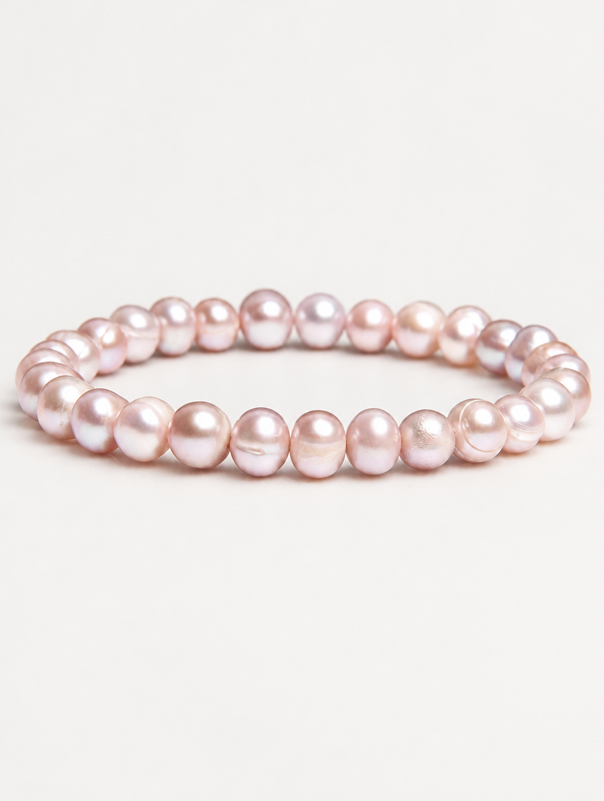 Pink freshwater pearl stretch bracelet on a neutral background