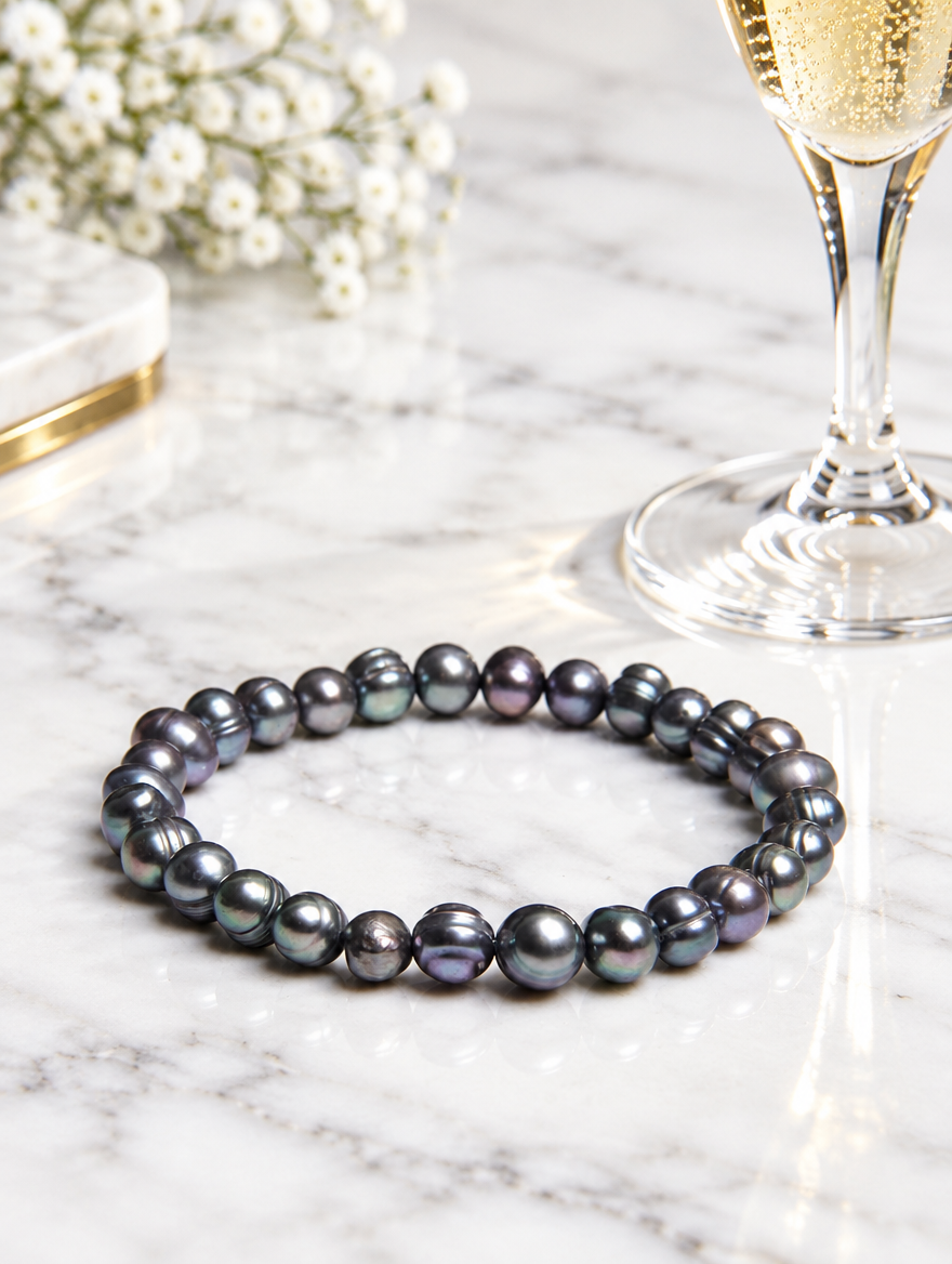 Black freshwater pearl stretch bracelet beside a champagne flute on marble