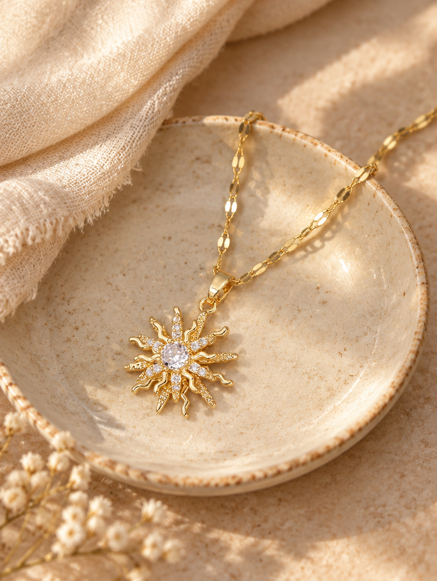 Gold sun pendant necklace on a ceramic dish beside a folded cream scarf