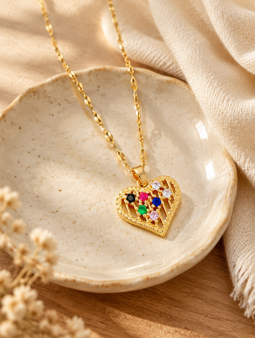 Gold colourful heart pendant necklace on a ceramic dish beside a folded cream scarf