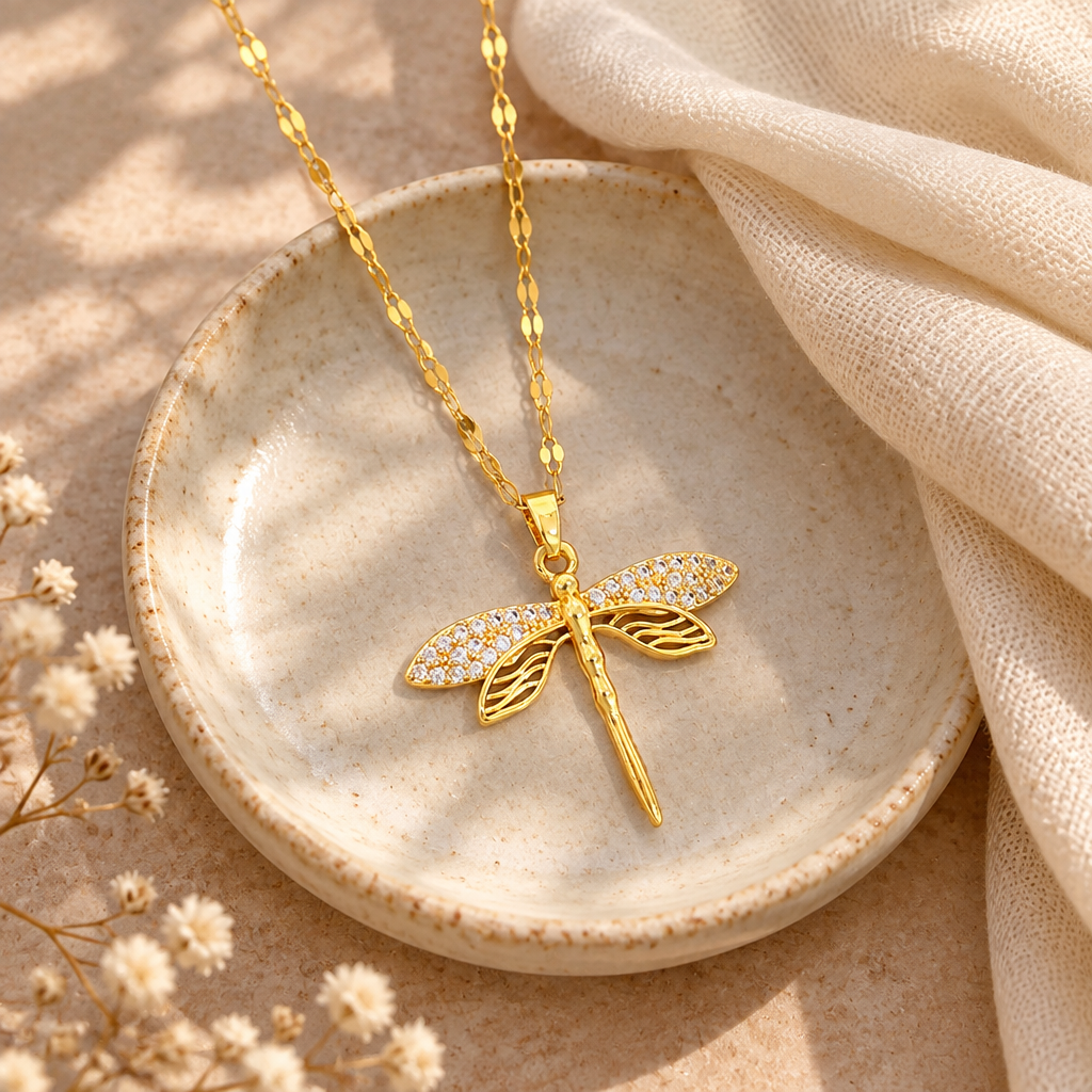 Gold dragonfly pendant necklace on a ceramic dish beside a folded cream scarf