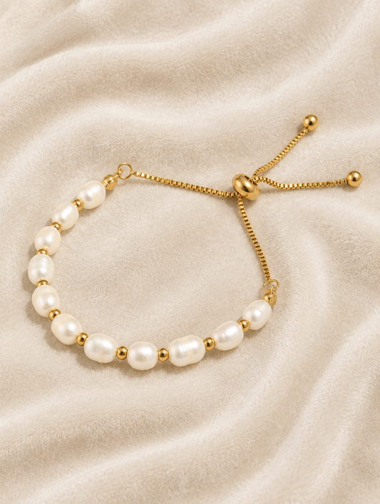 Freshwater pearl slider bracelet on cream velvet
