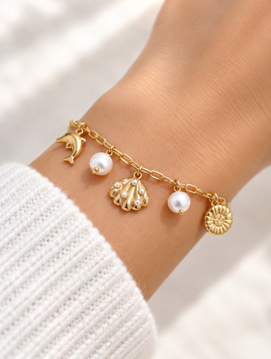 Woman wearing a gold-tone ocean charm bracelet