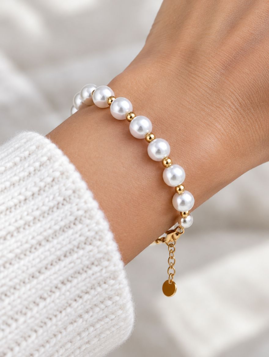 Woman wearing a faux pearl bracelet with gold-tone beads