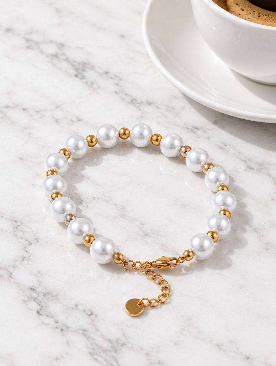 Faux pearl bracelet with gold-tone beads beside a coffee cup on marble