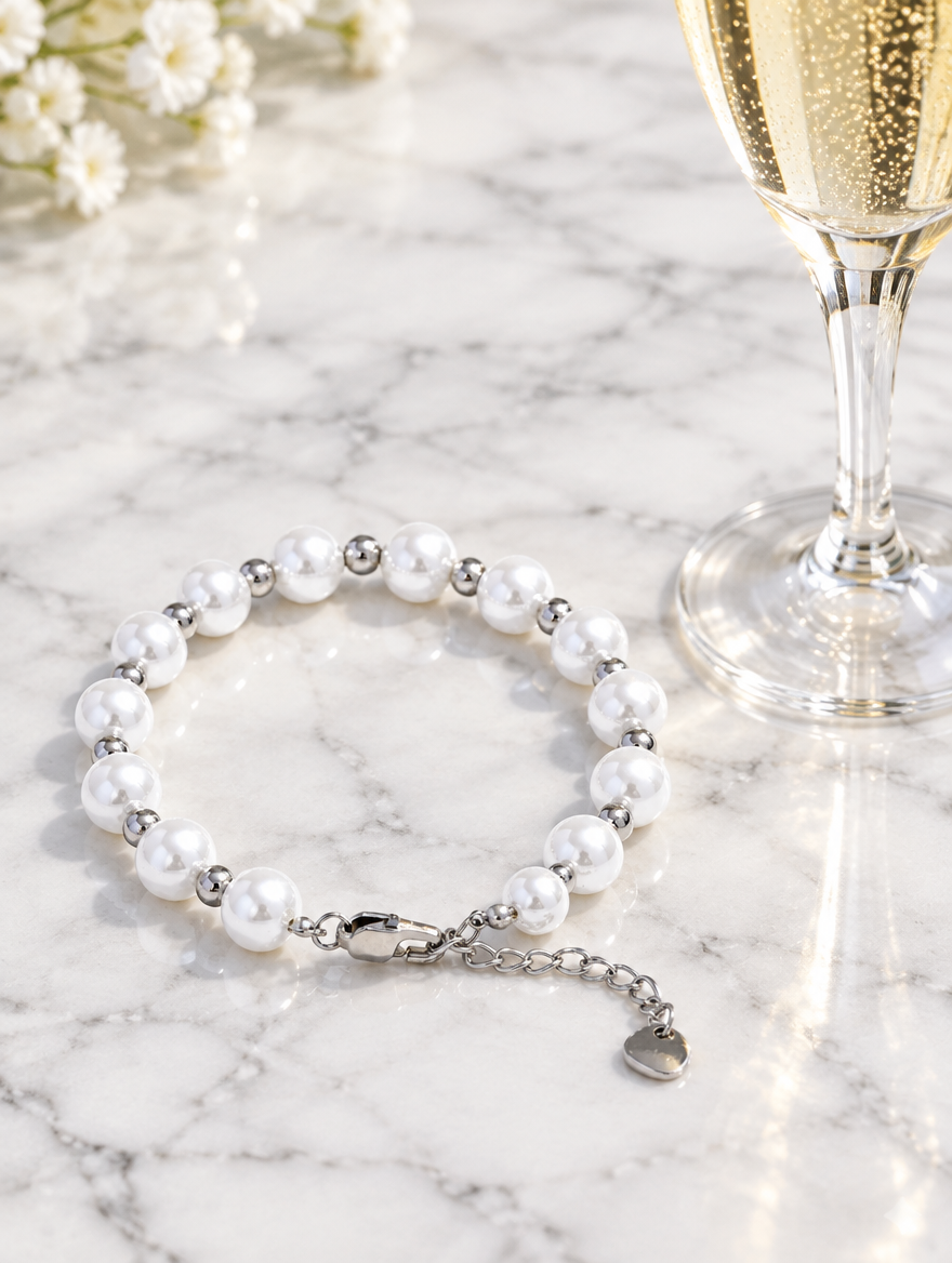 Faux pearl bracelet with silver-tone beads beside a champagne flute on marble