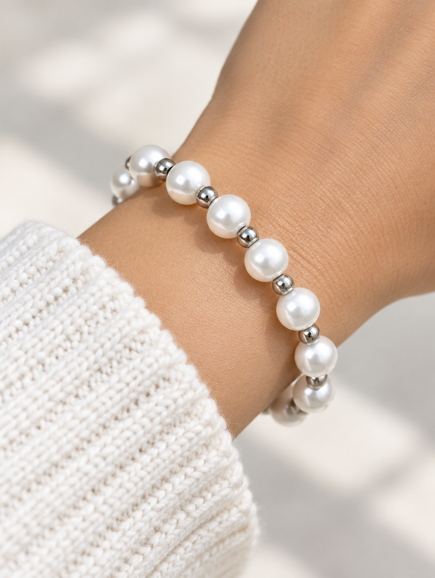 Woman wearing a faux pearl bracelet with silver-tone beads