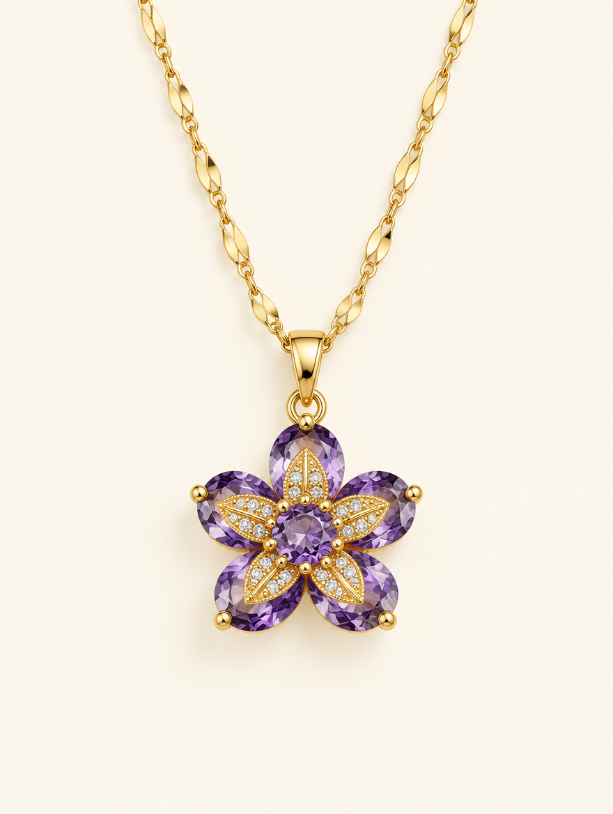 Gold necklace with a flower with purple crystal petals on a neutral background