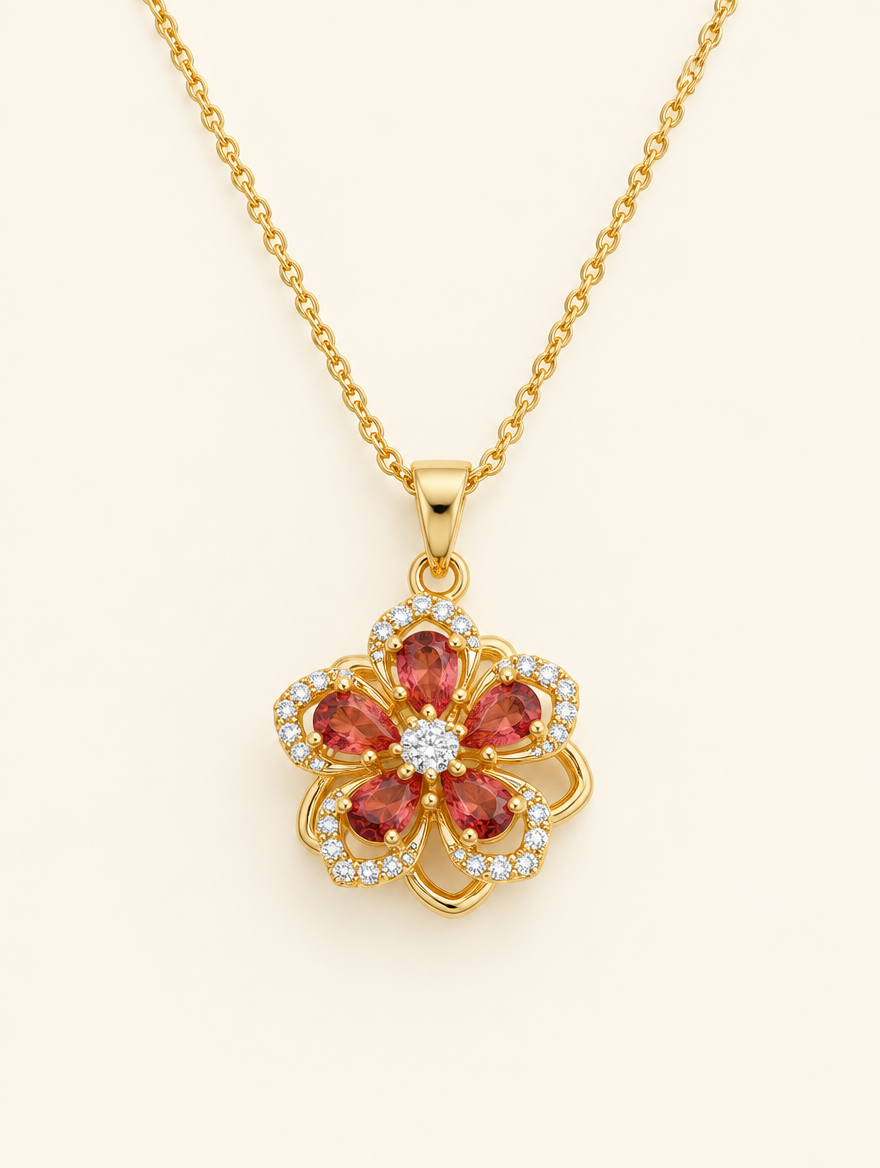Gold necklace with a flower with red crystal petals on a neutral background