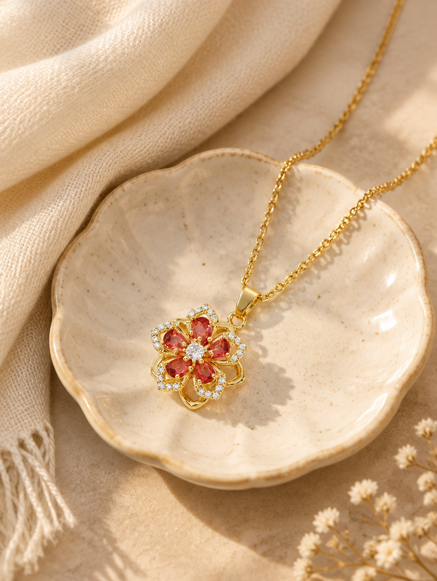Gold red flower pendant necklace on a ceramic dish beside a folded cream scarf