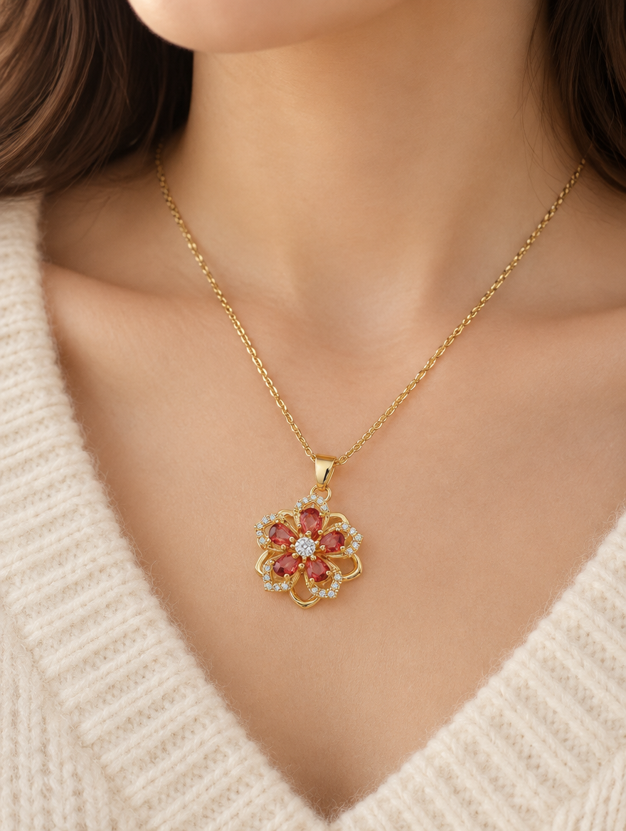 Woman wearing a gold red flower pendant necklace with a cream knit sweater