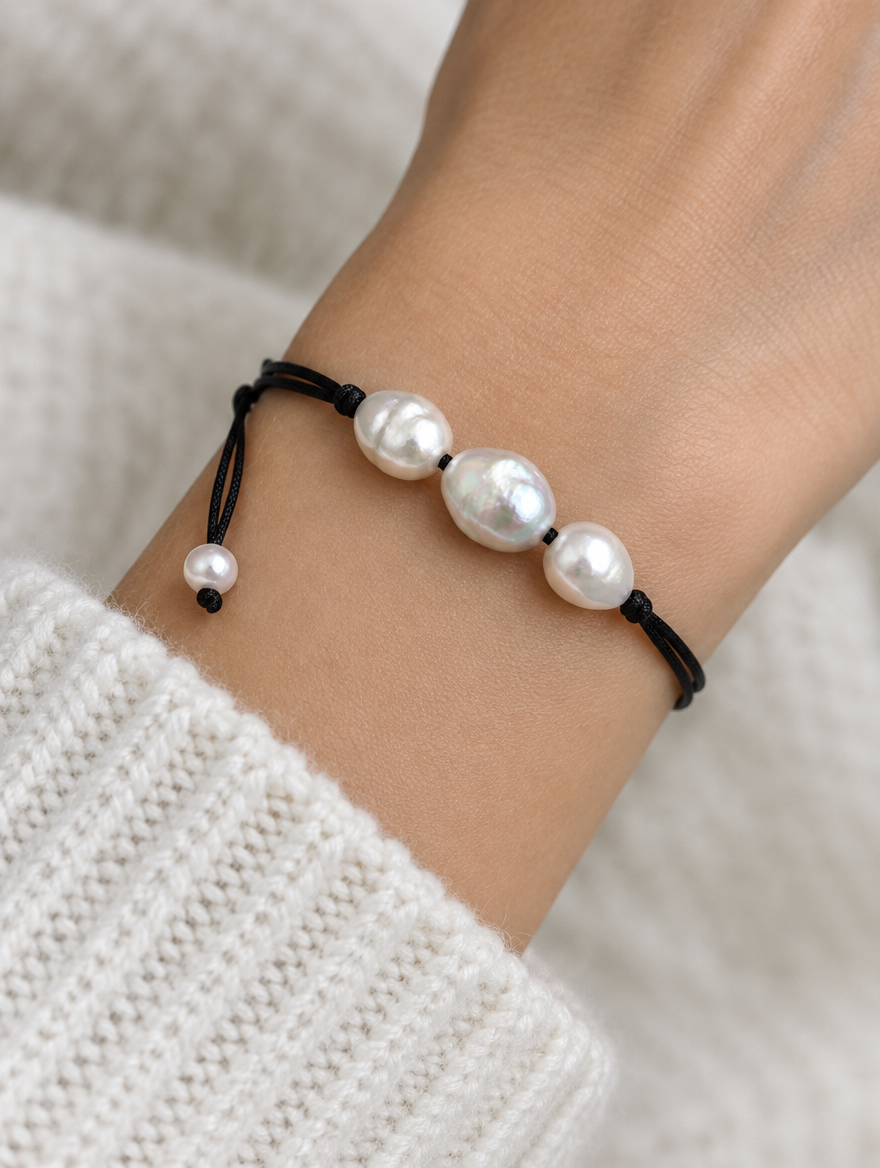 Black cord bracelet with baroque freshwater pearls worn on a wrist
